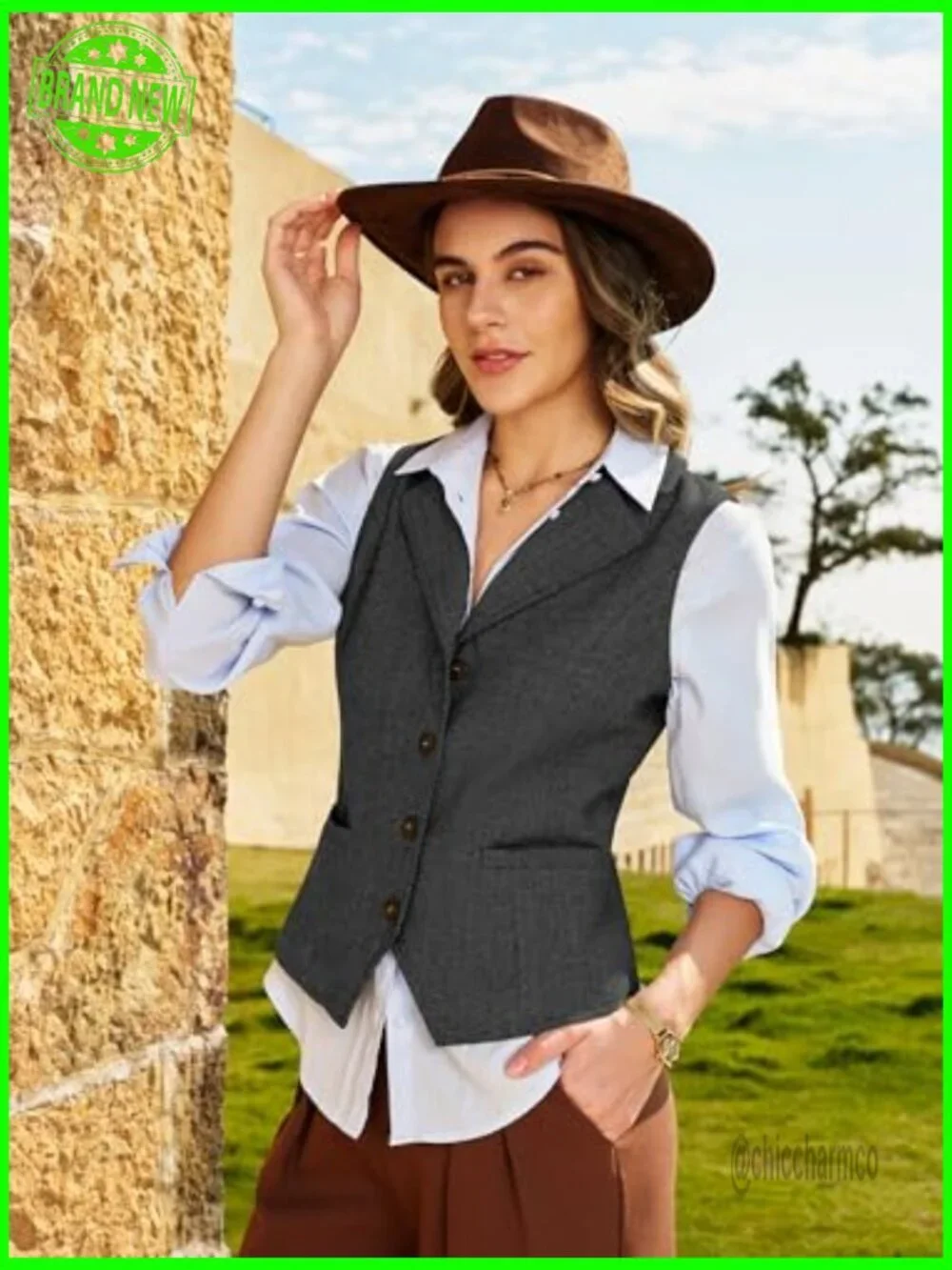 Herringbone Tweed Waistcoat Sleeveless Blazer Suit Vest with Adjustable Back